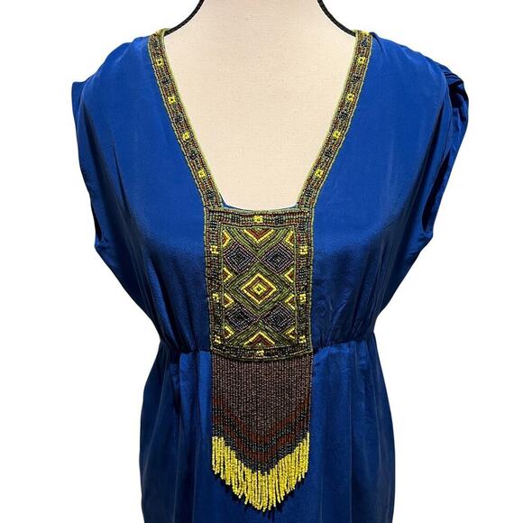 Tibi Cascade Beaded Silk Royal Blue Cap sleeve A-Line Dress Egyptian Vibe Size ) - Picture 4 of 13